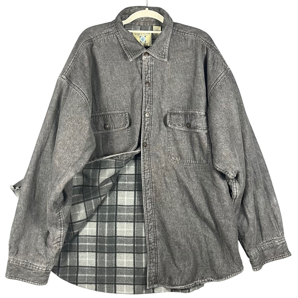 World Island Denim Shirt Shacket Mens XXL Black Fleece Lined Plaid Workwear